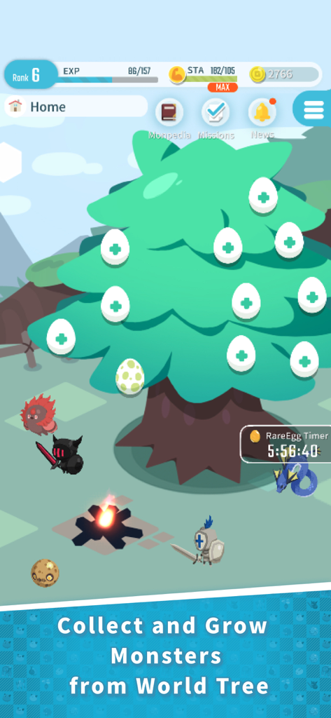 EGGRYPTO: Hatch! Own! Monster - EGGRYPTO game interface showing a large tree with eggs to hatch and various small monsters at its base
