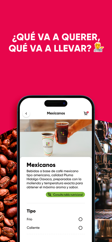 Tela do aplicativo CAFFENIO exibindo opções e personalização de bebidas de café mexicano