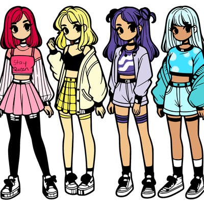 one girl with crop-top shirt and a jacket with a skirt, long socks and another girl with a shirt and pants with a jacket