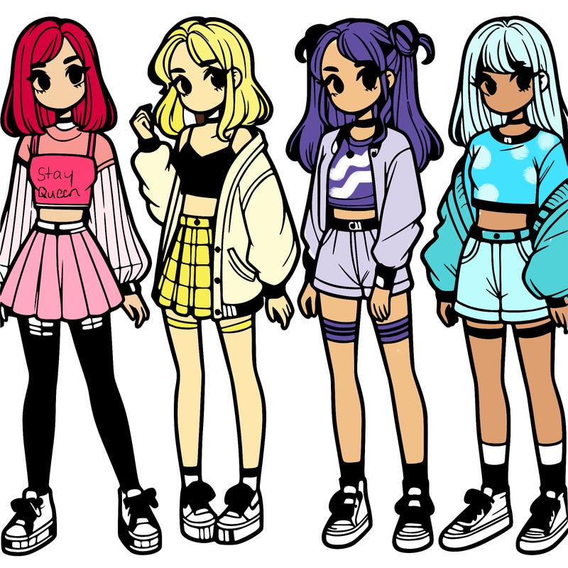 one girl with crop-top shirt and a jacket with a skirt, long socks and another girl with a shirt and pants with a jacket