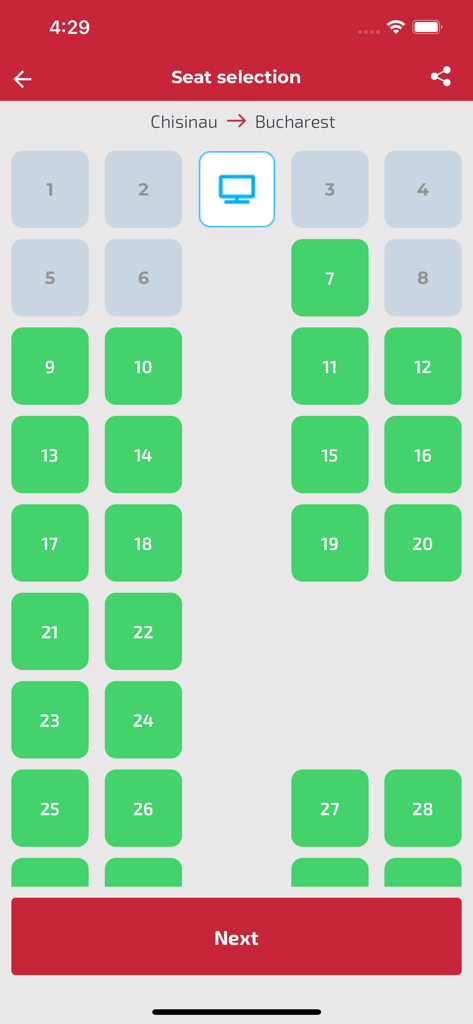 Seat selection screen in the GAL Trans app showing available and occupied bus seats for a trip from Chisinau to Bucharest.