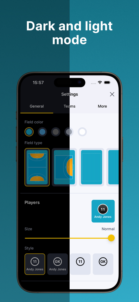 Coach Tactic Board: Handball++ - Interface of the Coach Tactic Board app showcasing dark and light mode settings for handball coaching.