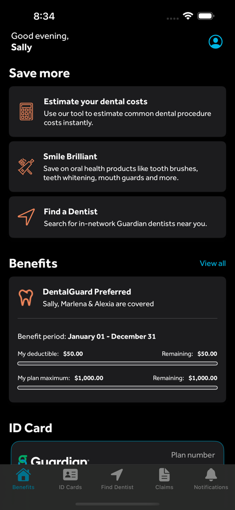 Guardian Dental and Vision app interface displaying coverage details and dental insurance tools.