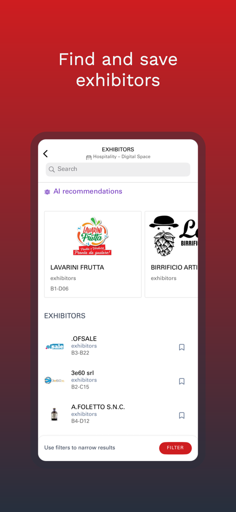 Hospitality Digital Space - ホスピタリティ・デジタル・スペースアプリのAI推奨事項と検索機能が表示された出展者リスト画面