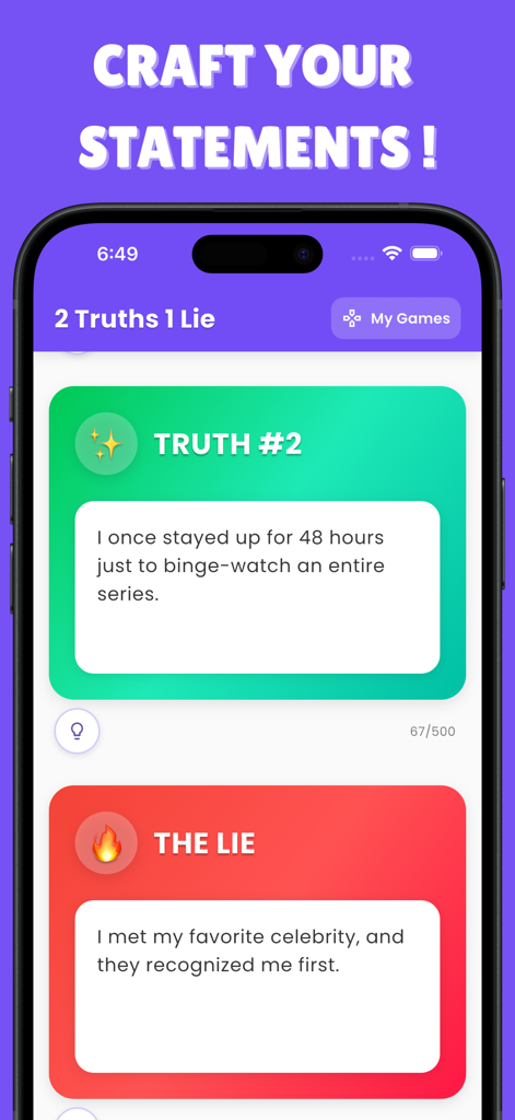2 Truths and a Lie - Interface of the 2 Truths and a Lie app showing truth and lie statement cards.