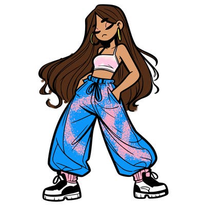 girl in baggy pants crop top and long hair