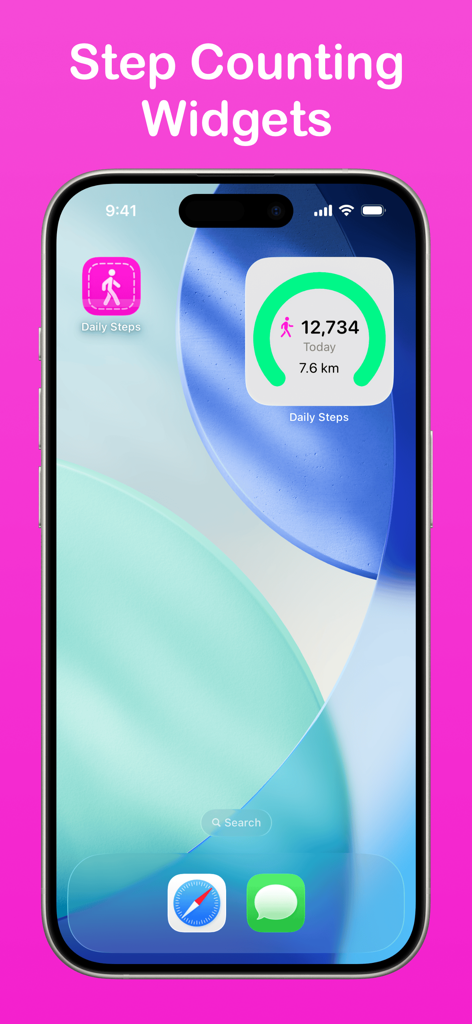 Daily Steps: Step Counter - iPhone home screen displaying the Daily Steps app widget with a green progress ring and daily step count
