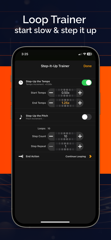 Anytune Pro: Music Trainer  - Anytune Pro app showing the Step-It-Up Loop Trainer settings for gradual tempo music practice.