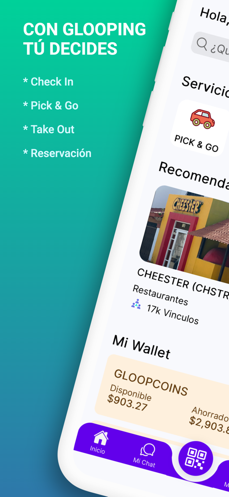 Glooping - Interface of the Glooping app displaying restaurant services and a digital wallet for earning Gloopcoins.