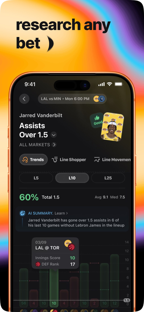 Oddible app interface showing player assist trends and AI bet grading for Jarred Vanderbilt