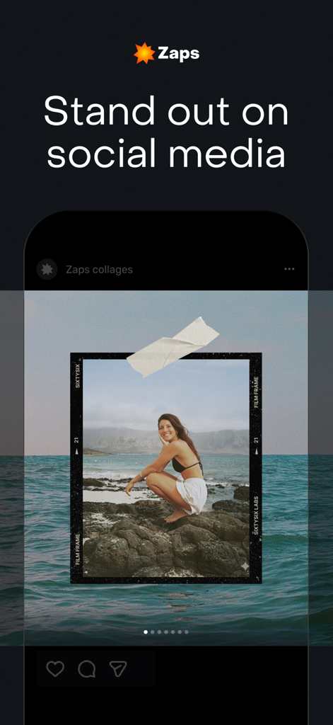 Zaps Collages - Zaps Collages app interface showing a creative social media carousel layout with a film frame photo over a sea background