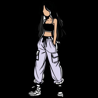 girl in baggy pants crop top and long hair