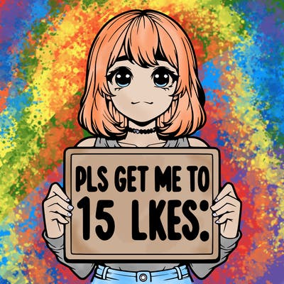 realistic girl holding up a sign that says “pls get me to 15 likes!”