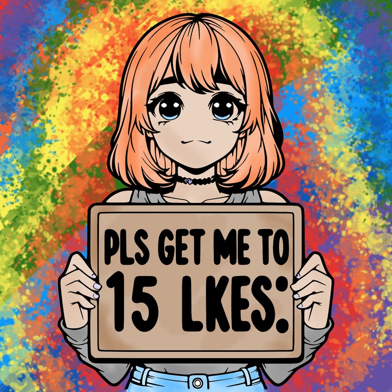realistic girl holding up a sign that says “pls get me to 15 likes!”