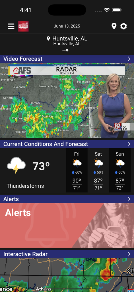 WHNT Live Alert 19 - Interfaz de la aplicación WHNT Live Alert 19 que muestra un pronóstico en video con un meteorólogo local, las condiciones actuales de tormentas para Huntsville Alabama y un mapa de radar interactivo.