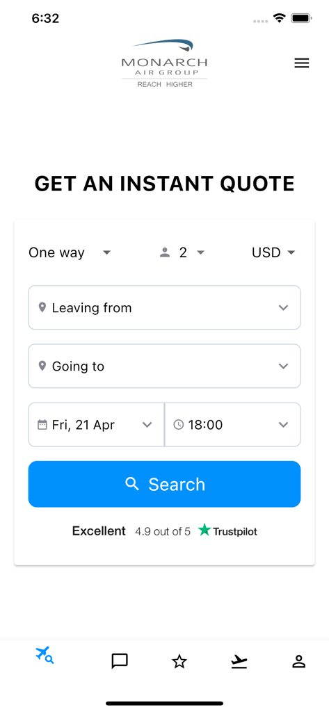 Private Jet Charter - MAG - Monarch Air Group private jet charter instant quote search screen