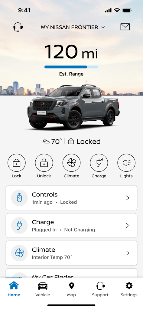 MyNISSAN® - The MyNISSAN app home screen displaying a Nissan Frontier with estimated range and remote vehicle controls