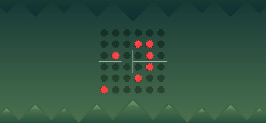 Harmony: Relaxing Music Puzzle - Minimalist symmetry puzzle with glowing orange shapes on a calm dark green mountain background.
