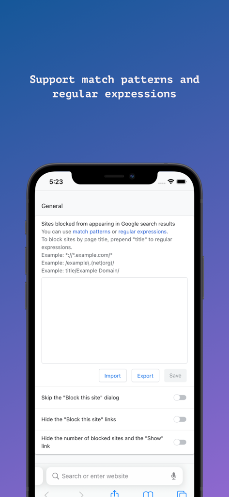 uBlacklist for Safari - uBlacklist for Safariのマッチパターンと正規表現の設定インターフェース