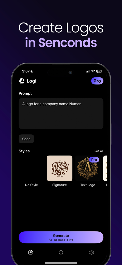 AI Logo Maker - Logi - An iPhone screen showing the Logi AI Logo Maker interface with a text prompt for a company name and various branding styles.