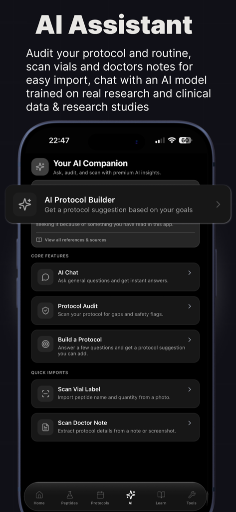 PeptIQ: Peptide Tracker - PeptIQアプリのインターフェース。プロトコル構築とバイアルスキャンの機能が表示されているAIアシスタントが表示されます。