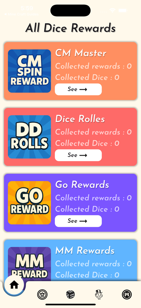 CM Link Daily Spins & Dice - Dashboard of CM Link app showing daily reward links for games like Coin Master and Monopoly GO