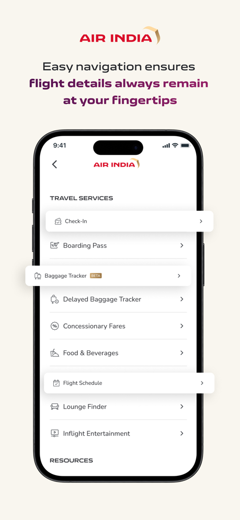 Air India: Book Flight Tickets - Schermata dell'app mobile Air India che mostra il menu dei servizi di viaggio con opzioni per il check-in, la carta d'imbarco e il tracciamento dei bagagli.