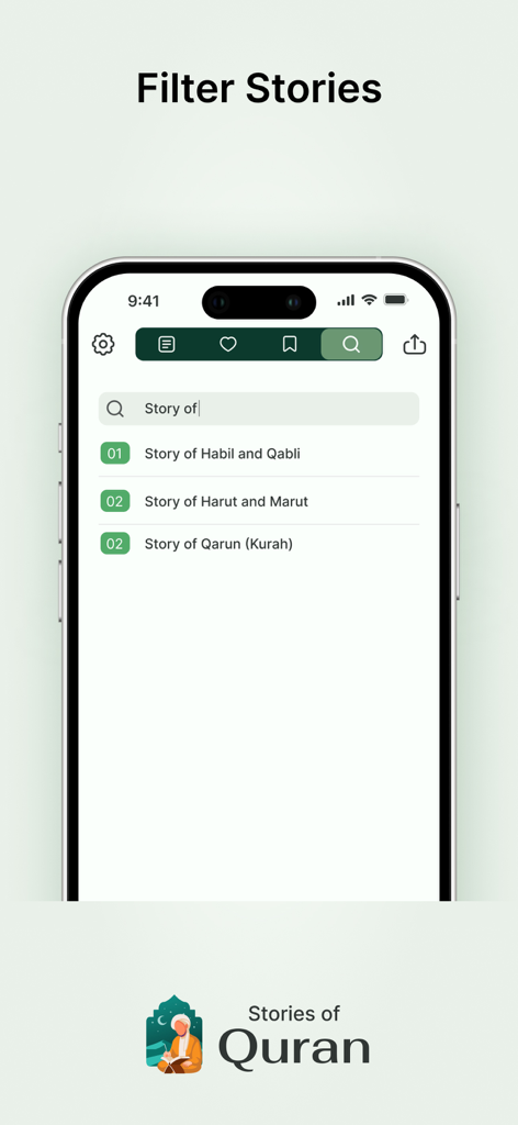 Quran Stories in Islam - Mobile app interface for searching and filtering Islamic stories from the Quran
