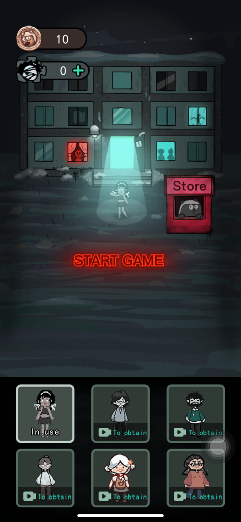 Haunted Dorm - Menu principal du jeu Haunted Dorm avec bouton de démarrage et écran de sélection de personnage