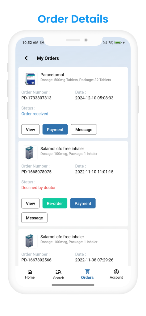 Ecrã móvel mostrando o histórico de encomendas de medicamentos e o acompanhamento do estado na aplicação Prescription Doctor