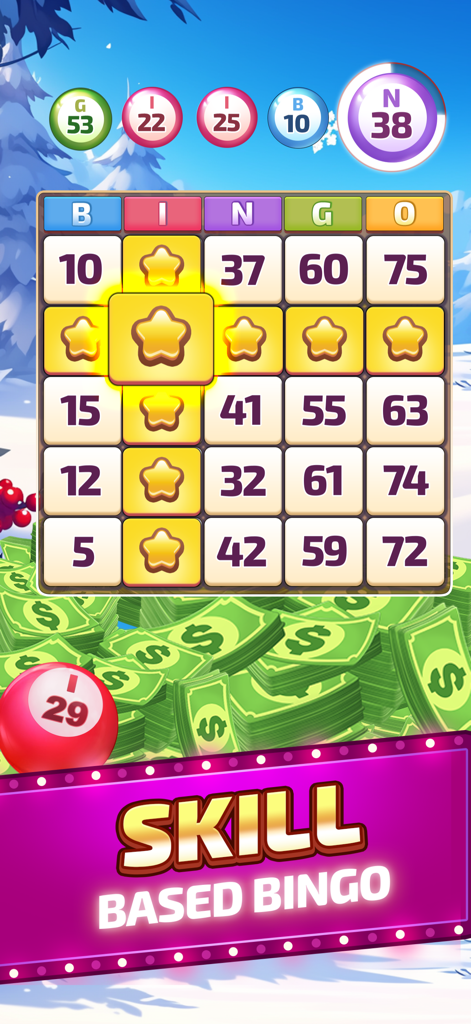 Big Cash Bingo™:Win Real Money - Big Cash Bingo mobile app interface showing a bingo card with golden star markers over a pile of cash