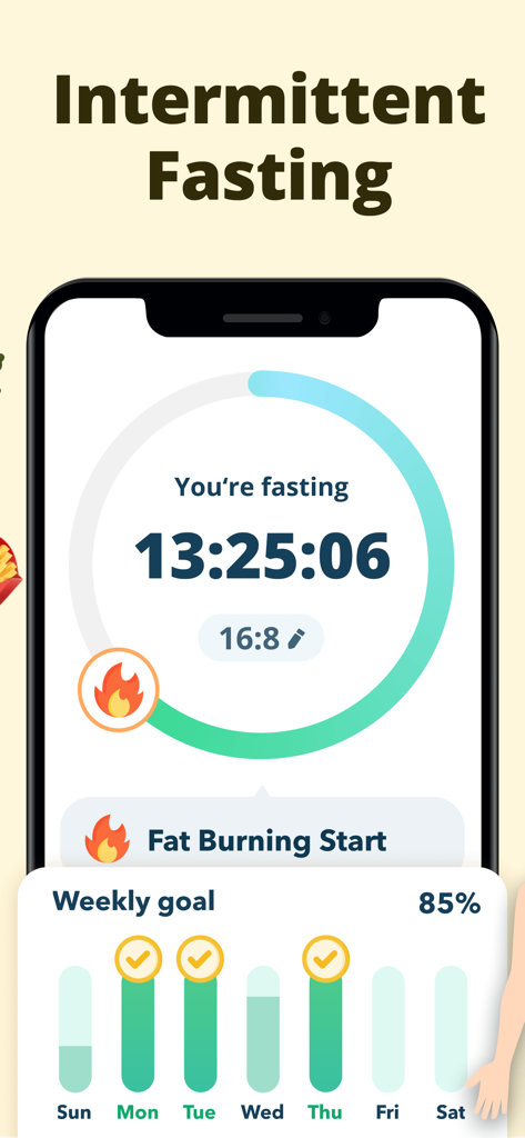 Intermittent Fasting Tracker ⋆ - Intermittent fasting app interface showing a 13 hour timer fat burning status and weekly goal progress