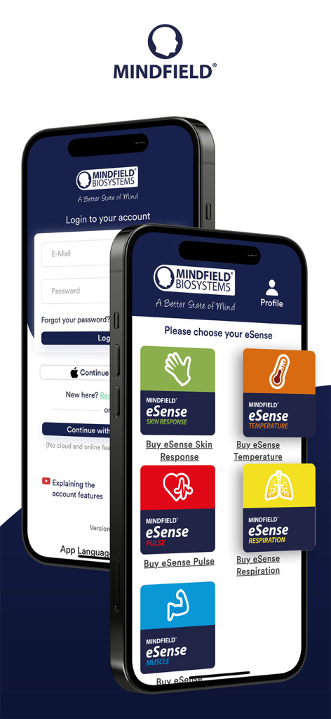 Mindfield eSense - La aplicación Mindfield eSense mostrando la página de inicio de sesión y opciones de sensores de biofeedback en dos teléfonos inteligentes