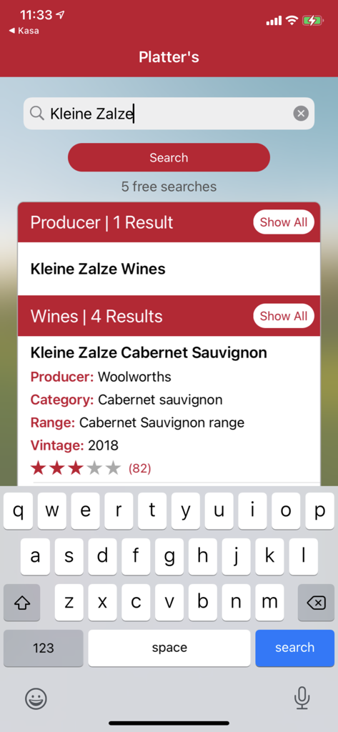 Platter's Wine Guide app search interface showing wine producer and vintage results