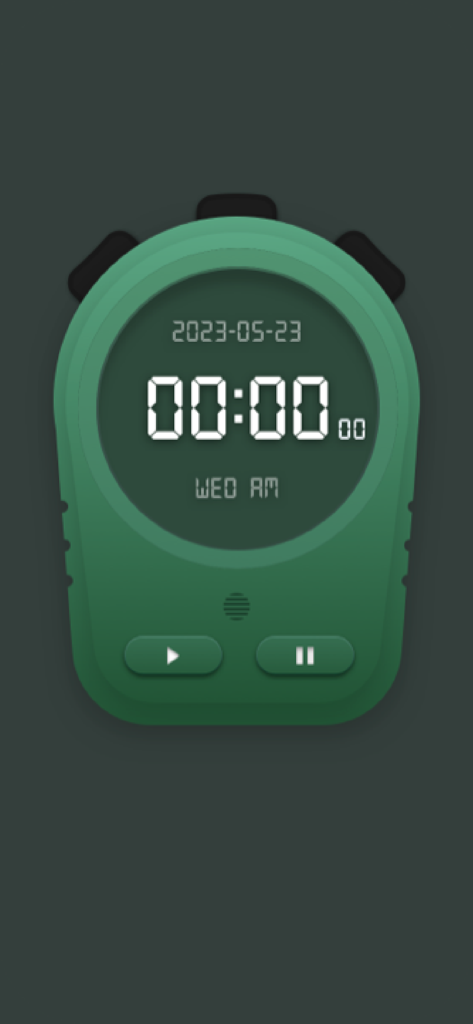 Clock Pocket:standby widget - Digital green stopwatch interface in the Clock Pocket app showing time and date