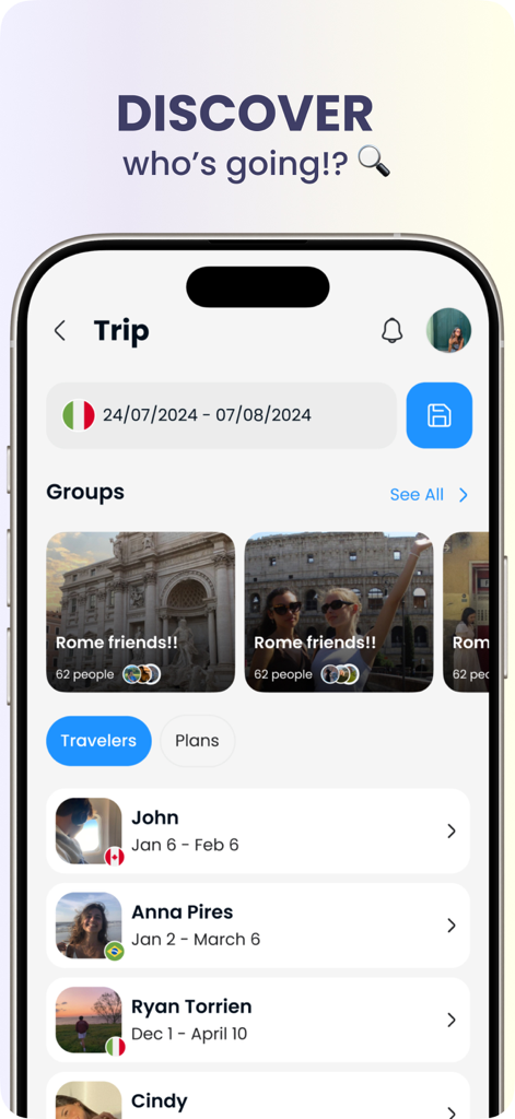 Going Solo: Travel Friends - Going Solo app screenshot showing a trip to Italy with a list of travelers and local Rome groups