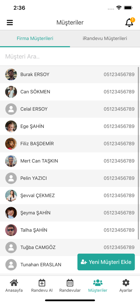 Customer list interface showing names profile photos and contact information for a service based business