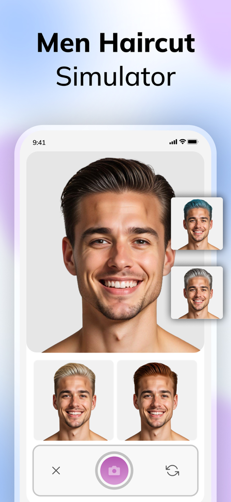 Interfaccia del simulatore di taglio di capelli AI che mostra un uomo che prova diversi colori di capelli come blu grigio e biondo