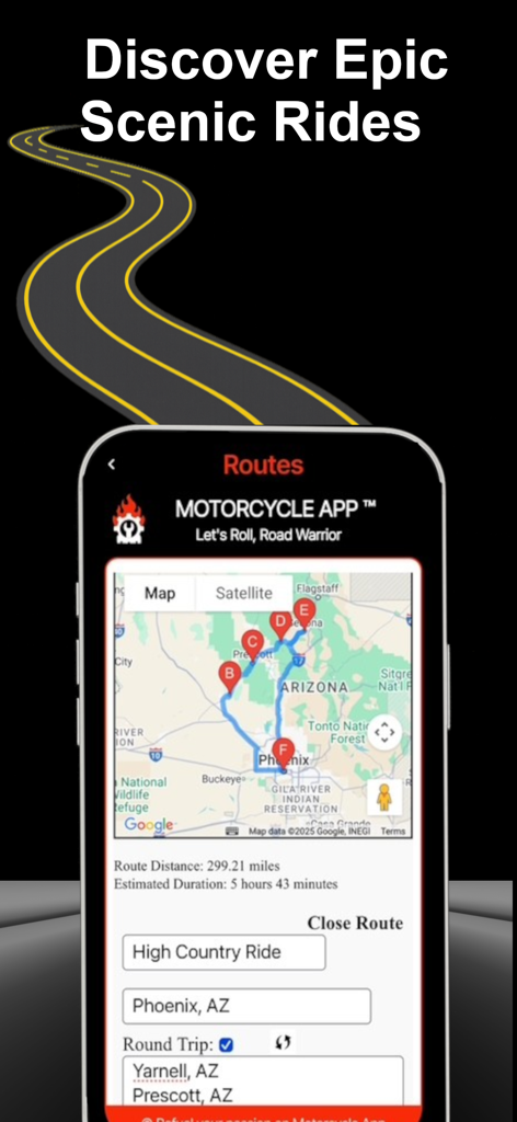 Motorcycle.App screenshot showing a scenic route planner map for a high country ride in Arizona.