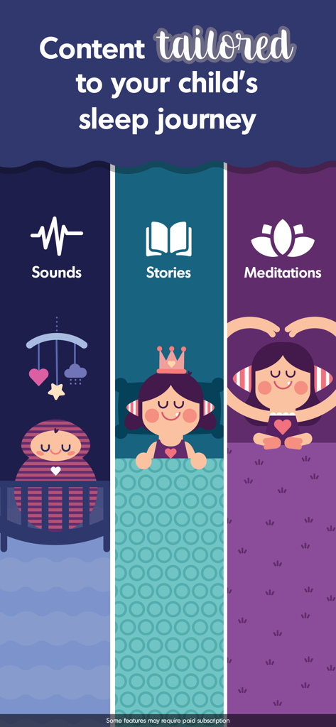 Una pantalla que muestra tres categorías de contenido para niños, que incluyen sonidos de sueño, historias y meditaciones