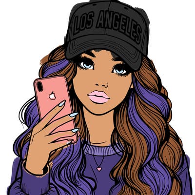 realistic beautiful girl wearing los ángeles cap holding an iphone