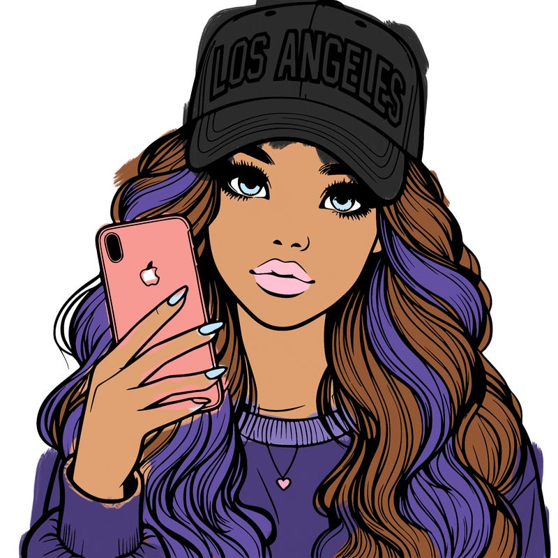realistic beautiful girl wearing los ángeles cap holding an iphone