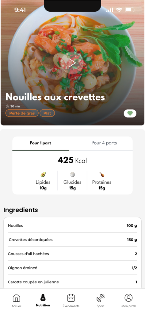 Boost-yourself - Análisis nutricional e ingredientes para una receta saludable de fideos con camarones en la aplicación de fitness Boost-yourself.
