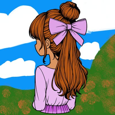 realistic girl  with hip length hair a bun and a big bow on the back of head