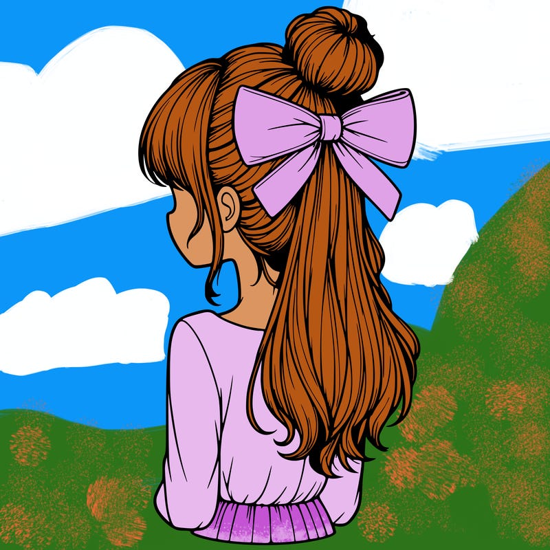realistic girl  with hip length hair a bun and a big bow on the back of head