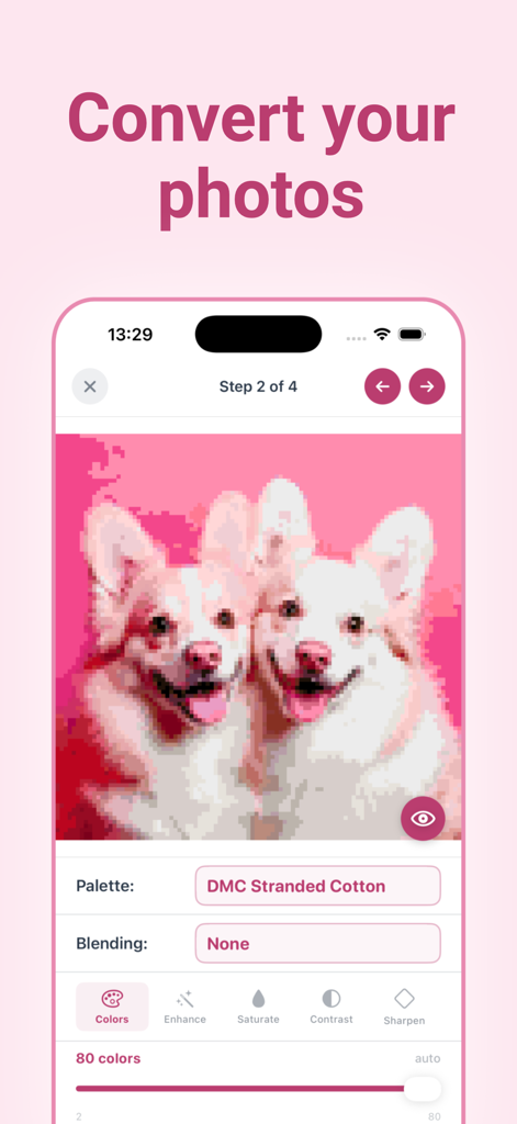 Interface mostrando como converter uma foto de cachorrinho em um padrão de ponto cruz usando cores de linha DMC