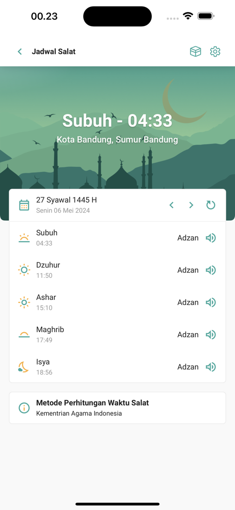 Islampedia - The Islampedia app interface displaying a detailed Islamic prayer schedule including times for Subuh, Dzuhur, Ashar, Maghrib, and Isya with Adhan icons.