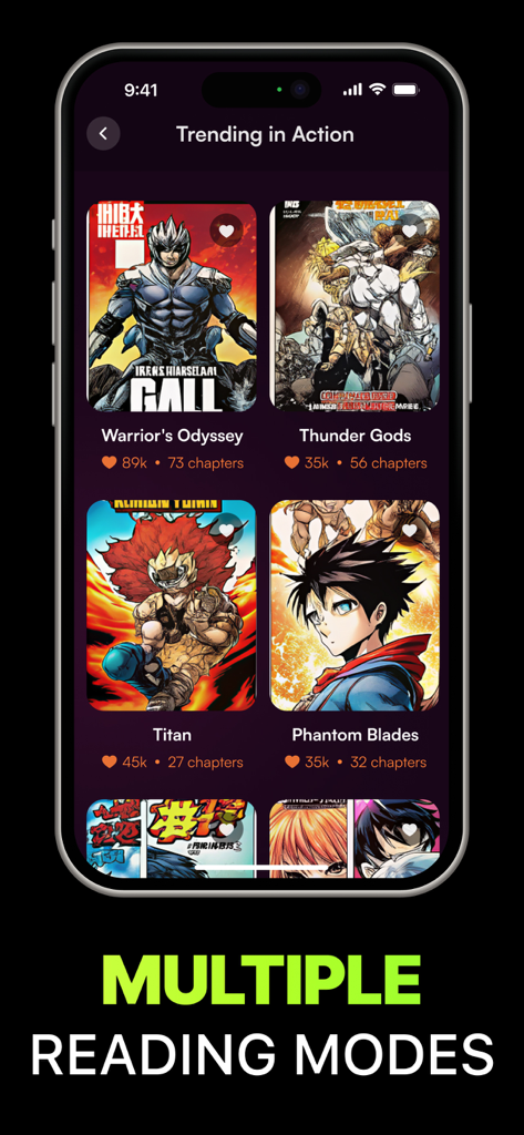 Aplicativo Manga Reader exibindo títulos de mangá de ação em alta em uma tela de iPhone