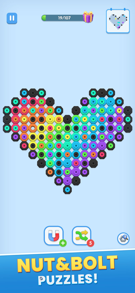 Screw Art: Pixel Art Games - A heart shaped puzzle made of colorful rainbow screws in the Screw Art mobile game