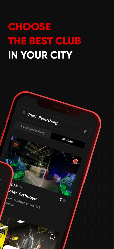 Mobile app interface displaying a list of gaming clubs with ratings and pricing for booking